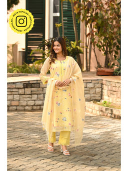 Mahee Jaipur - Womens Kota Floral Yellow Kurta with Pant and Dupatta