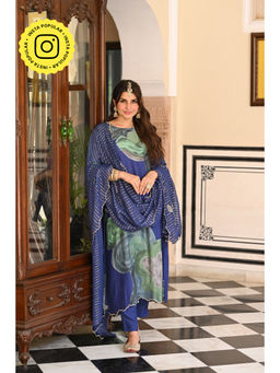 Mahee Jaipur - Womens Muslin Floral Blue Kurta with Pant and Dupatta