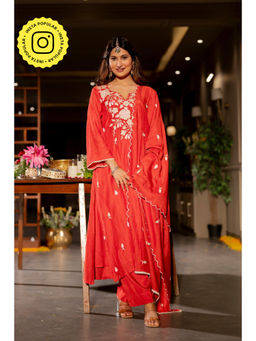 Mahee Jaipur - Womens Chanderi Embroidered Red Kurta with Pant and Dupatta