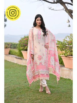 Mahee Jaipur - Womens Crepe Printed Pink Kurta with Pant and Dupatta