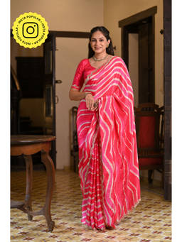 Mahee Jaipur - Pink Lehriya Crepe Scallop Mirror Work Saree with Unstitched Blouse