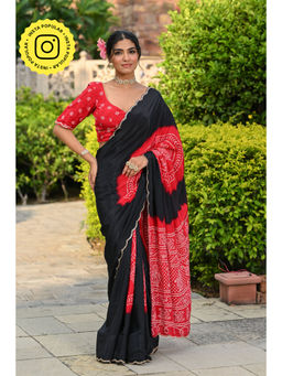 Mahee Jaipur - Black Ghewar Print Crepe Mirror Work Saree with Unstitched Blouse
