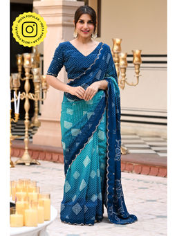 Mahee Jaipur - Blue Bandani Mirror Work Saree with Unstitched Blouse