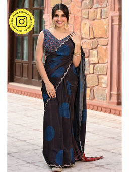 Mahee Jaipur - Ajrakh Print Scalloped Border Gota Work Saree with Unstitched Blouse