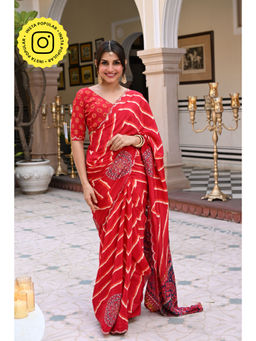 Mahee Jaipur - Red Lehariya Ajrakh Print Scalloped Border Mirror Saree with Unstitched Blouse