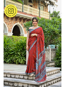 Mahee Jaipur - Red Mughal Ajrakh Print Mirror Work Scalloped Border Saree with Unstitched Blouse