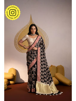 Mahee Jaipur - Black Pure Modal Hand Block Lagdi Patta Saree with Unstitched Blouse