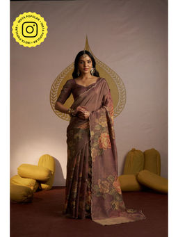 Mahee Jaipur - Brown Shimmer Tissue Embellished Saree with Unstitched Blouse