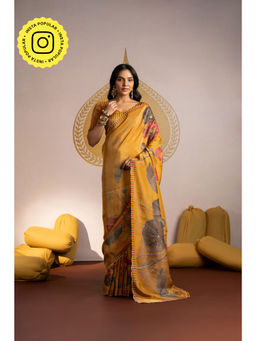 Mahee Jaipur - Golden Pure Tissue Cut Work Embroidery Saree with Unstitched Blouse