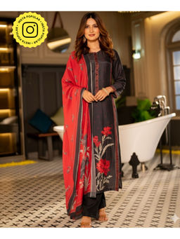 Mahee Jaipur - Black Muslin Floral Panel Print Kurta with Pant & Dupatta