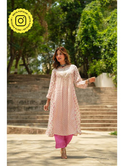 Mahee Jaipur - Off White Pure Muslin Gota Work Printed Kurta with Pant
