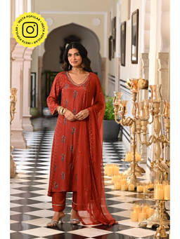 Mahee Jaipur - Rustic Rust Muslin A Line Gota Work Kurta with Pant & Dupatta