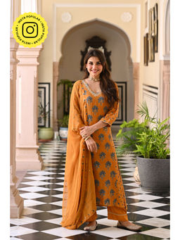 Mahee Jaipur - Mustard A Line Gota Work Block Print Kurta with Pant & Dupatta