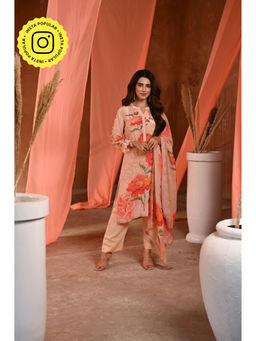 Mahee Jaipur - Peach Floral Print Crepe Gota Work Kurta with Pant & Dupatta