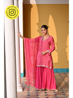 Mahee Jaipur - Pink Bandhani Nazakat Gota Patti Kurta with Sharara & Dupatta