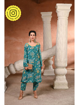 Mahee Jaipur - Rama Green Pure Crepe Floral Print Kurta with Pant