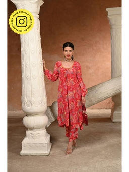 Mahee Jaipur - Crimson Red Pure Pure Crepe Floral Print Kurta with Pant