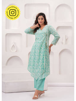 Mahee Jaipur - Sea Green Pure Mul Cotton Wrap Style Kurta with Pant