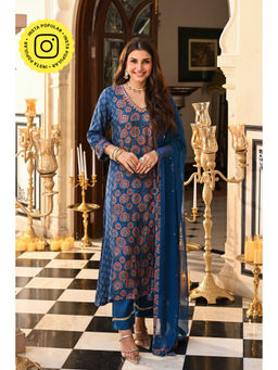 Mahee Jaipur - Pure Chiffon Muslin Ajrakh Gota Work Kurta with Pant & Dupatta
