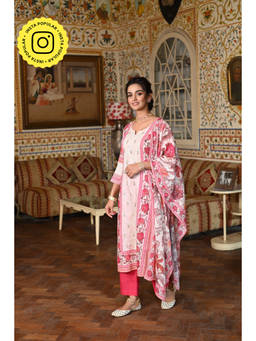 Mahee Jaipur - Izra Panel Floral Print Cotton Gota Kurta with Pant & Dupatta