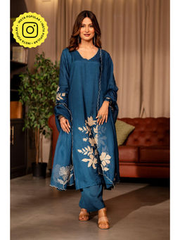 Mahee Jaipur - Rama Blue Applique Work Pure Dola Silk Kurta with Pant and Dupatta