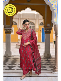 Mahee Jaipur - Red Block Print Gota and Sequence Muslin Kurta with Pant and Dupatta