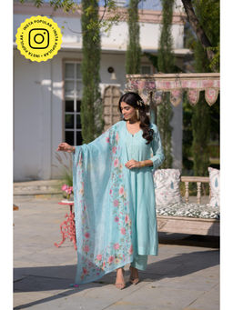 Mahee Jaipur - Powder Blue Lucknow Work Mul Chanderi Anarkali with Pant and Dupatta