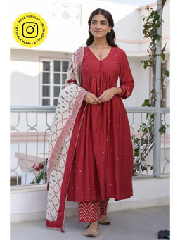 Mahee Jaipur - Deep Red Mul Chanderi Alia Cut Block Print Kurta with Pant and Dupatta