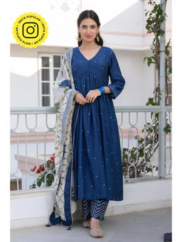 Mahee Jaipur - Blue Mul Chanderi Alia Cut Block Print Kurta with Pant and Dupatta