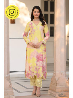 Mahee Jaipur - Yellow Cut Work Scalloped Muslin Kurta With Pant
