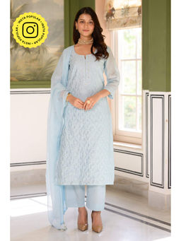 Mahee Jaipur - Ice Blue Thread Work Chanderi Kurta With Pant And Dupatta