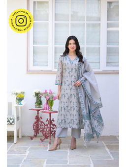 Mahee Jaipur - Grey Daisy Chanderi Floral Print Kurta with Pant & Dupatta