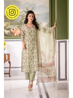 Mahee Jaipur - Green Daisy Floral Print Kurta with Pant & Dupatta