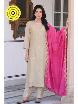 Mahee Jaipur - Beige Mul Chanderi Marodi Kurta with Pant & Dupatta