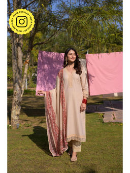 Mahee Jaipur - Beige Dobby Cotton Lace Work Kurta with Pant & Dupatta