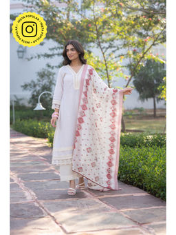 Mahee Jaipur - Dobby Cotton with Lace and Blue Block Printed Kurta with Pant and Dupatta