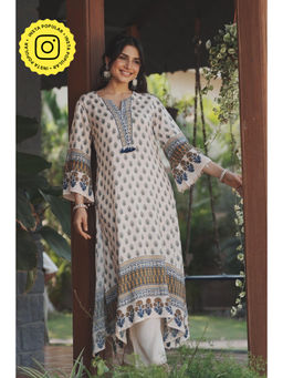 Mahee Jaipur - Cream Block Print With Tassels Muslin C Cut Kurta with Pant