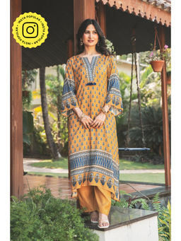 Mahee Jaipur - Mustard Block Print With Tassels Muslin C Cut Kurta with Pant