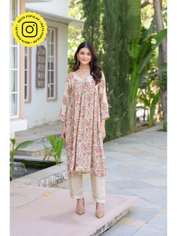 Mahee Jaipur - Beige With Jaal Nyra Cut Muslin Kurta With Pant