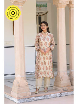 Mahee Jaipur - Beige With Pink Buti And Jaal Muslin Kurta With Pant