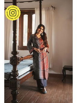 Mahee Jaipur - Rustic Red With Grey Panel Muslin Kurta With Pant