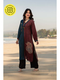 Mahee Jaipur - Blue And Red Lining Print Muslin Kurta With Pant