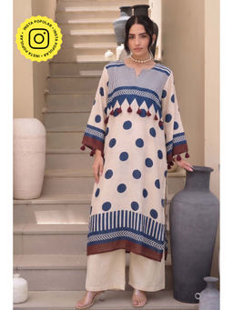 Mahee Jaipur - Beige And Indigo Polka Muslin Tassel Kurta With Pant