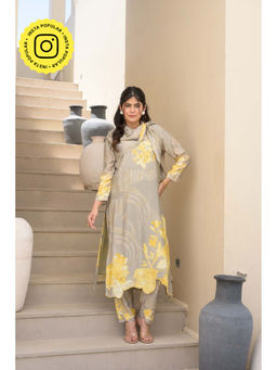 Mahee Jaipur - Grey And Yellow Cut Work Scalloped Muslin Kurta With Pant & Scarf