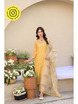 Mahee Jaipur - Canary Yellow Kurta Work Chanderi Kurta With Pant & Dupatta