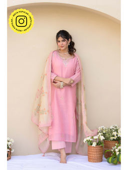 Mahee Jaipur - Carnation Pink Kurta Work Chanderi Kurta With Pant & Dupatta