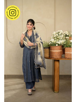 Mahee Jaipur - Charcoal Black Chanderi Kurta With Pant & Dupatta