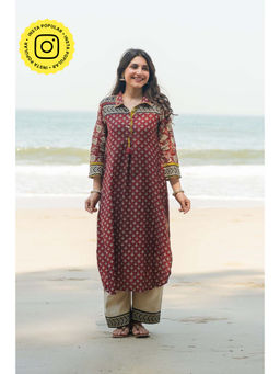 Mahee Jaipur - Rustic Red Vayu Mul Chanderi Block Print Kurta With Pant