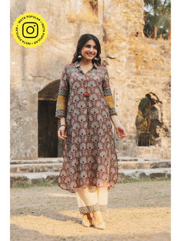 Mahee Jaipur - Brick Red Vayu Mul Chanderi Block Print Kurta With Pant
