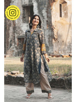 Mahee Jaipur - Blue And Yellow Mul Chanderi Block Printed Kurta With Pant